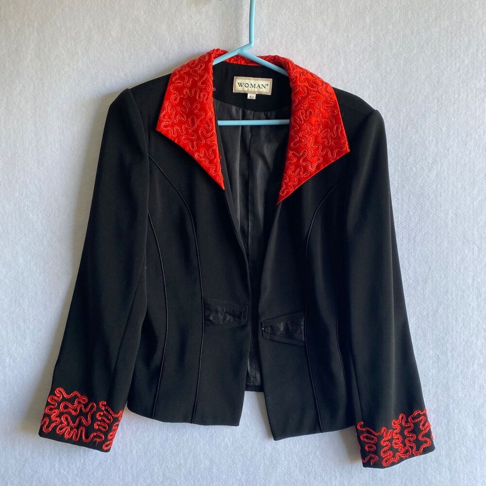 WOMAN Vintage-Style Black Statement Blazer with Orange Lace - Medium
